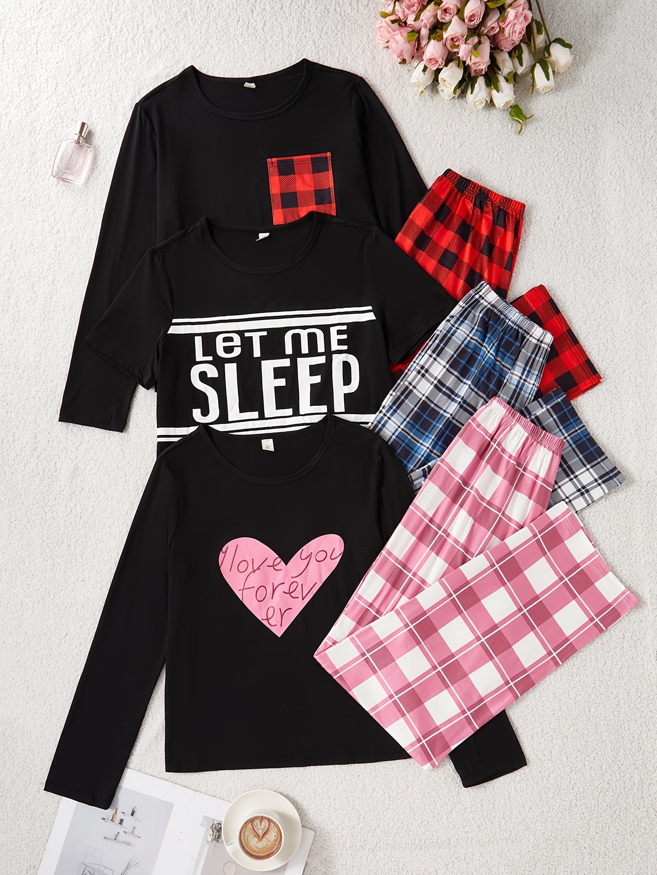 [New 6-Piece Pajama Set] New Women's Six-Piece Casual Pajama Set | Letter Print Long & Short Sleeve Tops with Plaid Pants Sleepwear Outfit