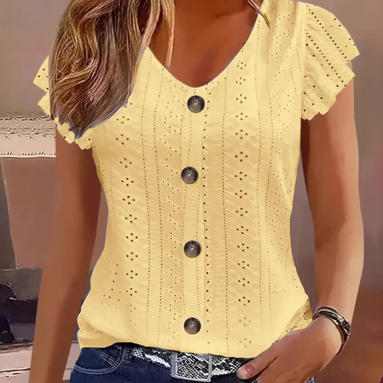 [Elegant Ruffled Top] Elegant Women's V-Neck Ruffled Short Sleeve Top | Eyelet Embroidered Jacquard T-Shirt with Decorative Buttons, Casual Spring & Summer Clothing