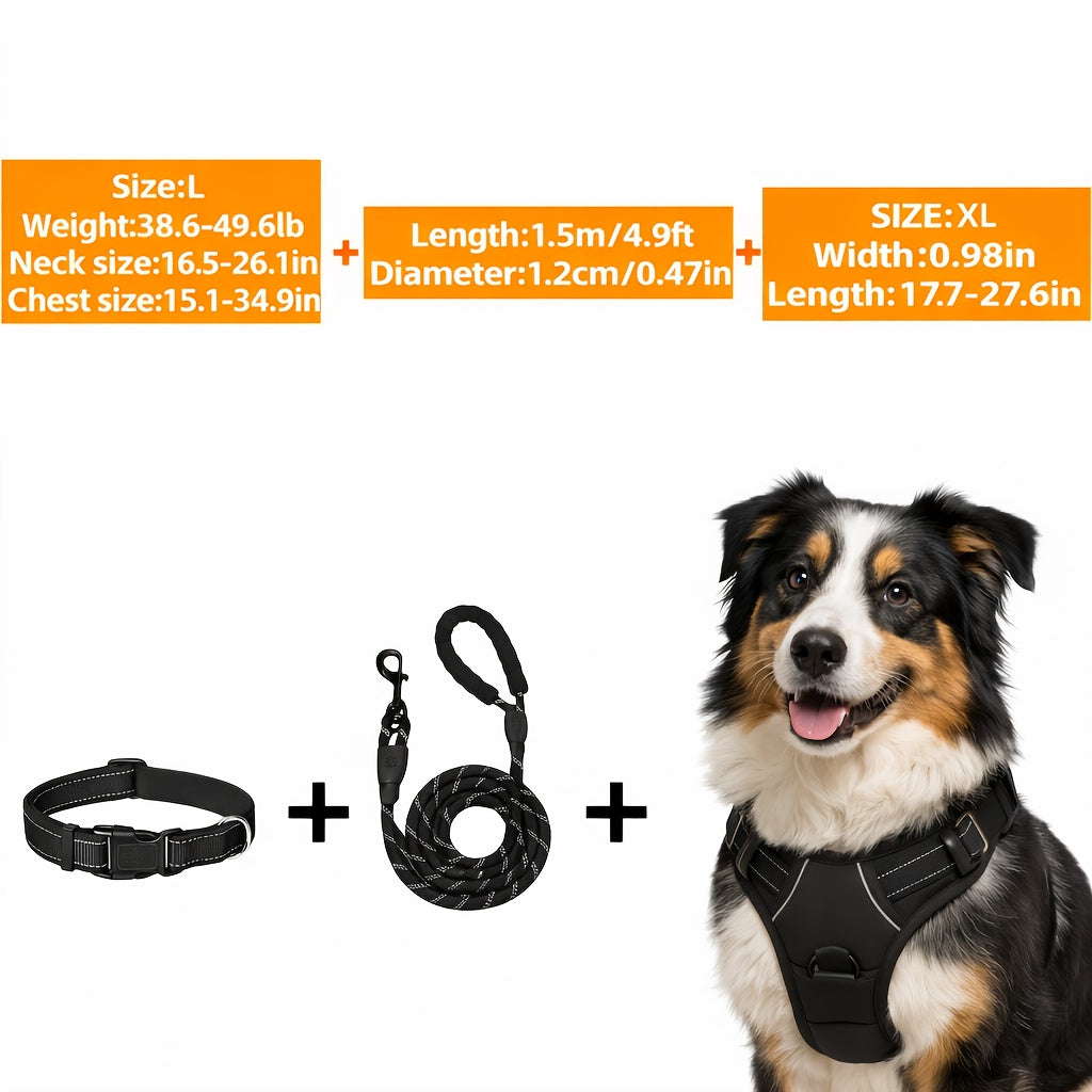 3 In 1 Harness Set, Soft Padded Dog Collar & Durable Adjustable Chest Harness With Heavy-Duty Leash, Reflective Oxford Fabric, Non-Choke, Easy Control Handle & Quick-Release Buckles, Breathable Mesh, For Dogs Of All Sizes(S,