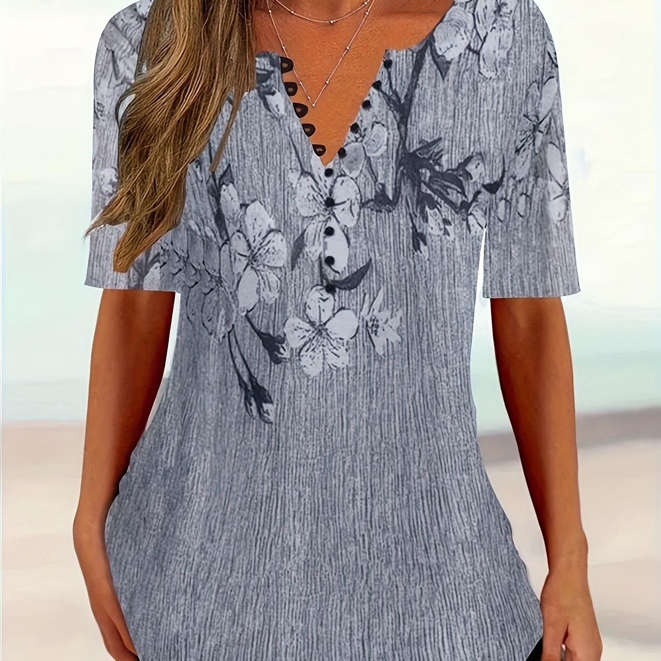 Women's Stretchy Polyester Button-Front V-Neck Blouse - Floral Print Short Sleeve Casual Shirt, Machine Washable Summer Top for Layering & All-Season Wear, Versatile Shirt, Relaxed Fit, Lightweight Fabric, Trendy Style