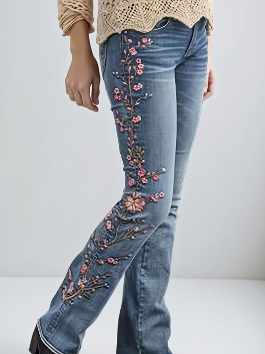 Women's High-Waisted Slim-Fit Bell-Bottom Jeans - washing Blue Denim Pants with Embroidered Flower hem, Full-Length Flare Leg & Built-In Zipper Closure, Machine Washable for all-Season Wear