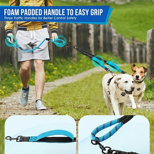 A Reflective Double Dog Leash with Two Additional Traffic Handles: 360-Degree Rotating, Non-Winding Double Dog Leash, Comfortable Shock-Absorbing Reflective Elastic Leash for Two Dogs, Pet Walking Gear, Outdoor Pet Accessorie