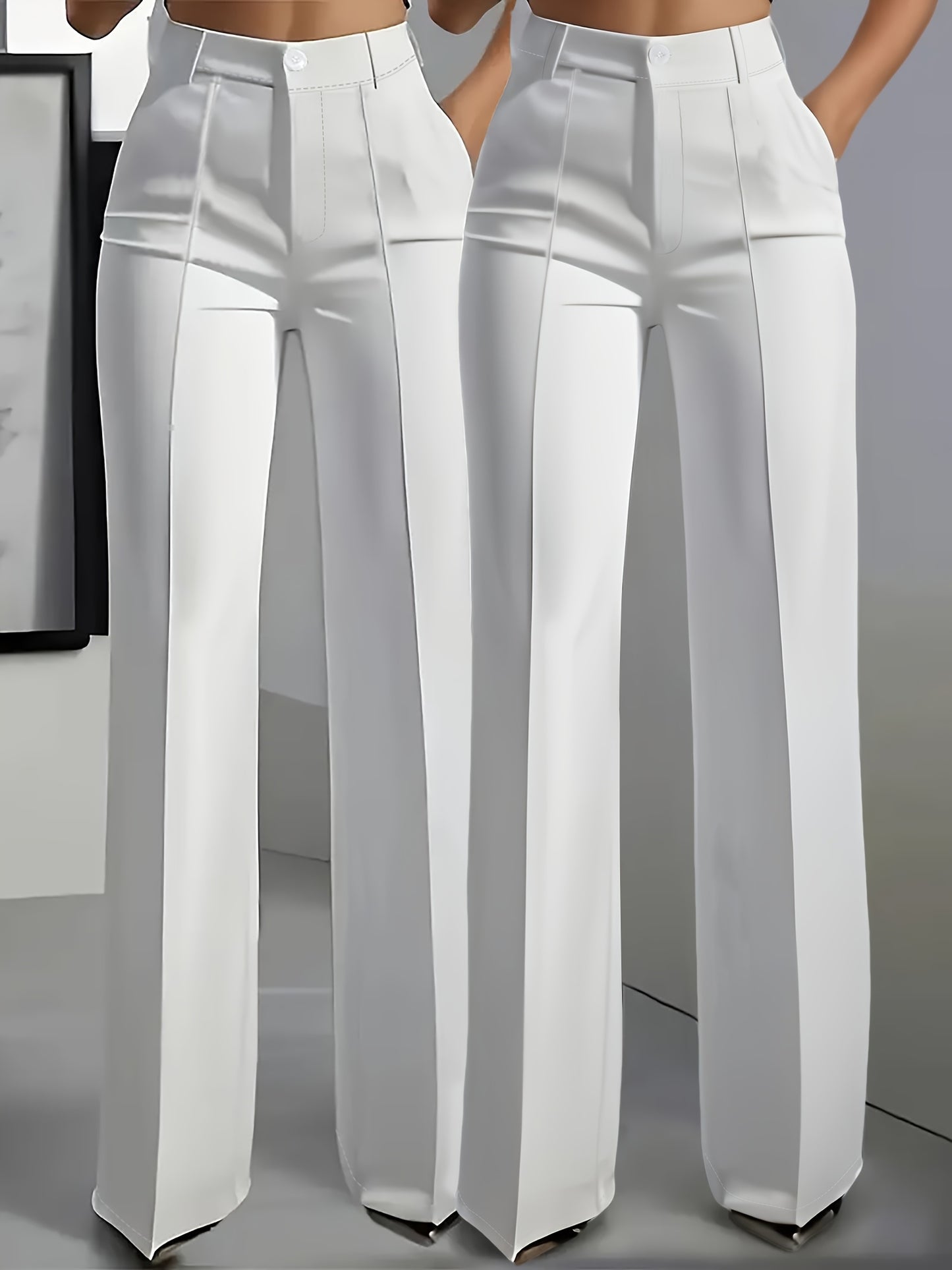 (2pcs) Elegant Casual Solid Color Women's Suit Trousers, Button Zipper Half Elastic Waist Fit Bottoms, Suitable for All Season