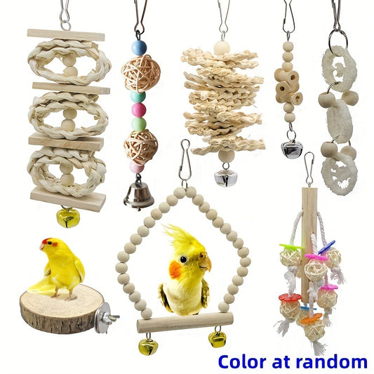 8pcs Wood Bird Toys with Swing, Bell & Chewable Parts - Interactive Bird Cage Suitable for Small Parrots and Birds - Promotes Exercise, Mental Stimulation & Beak