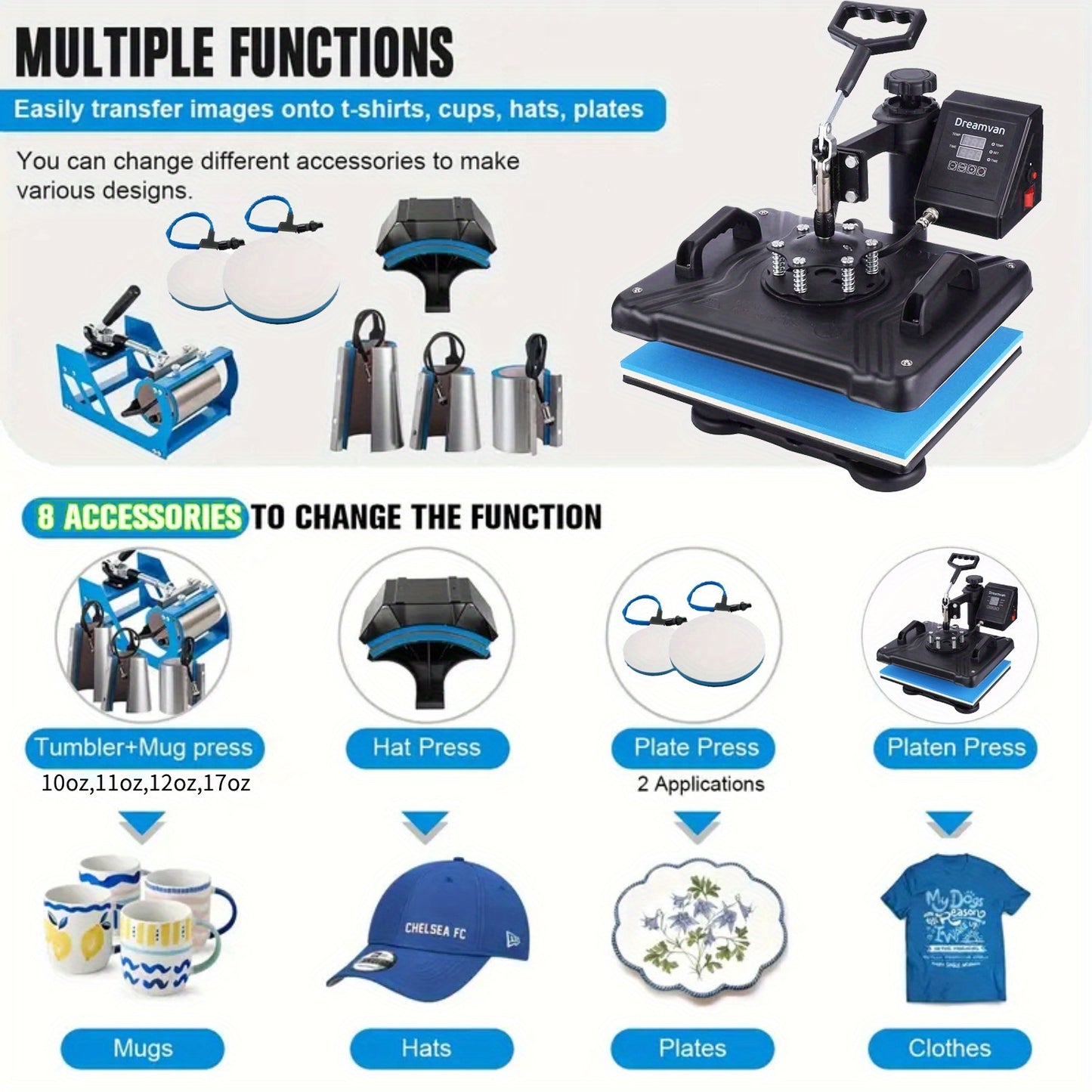 15"x15"/15"x12" 8-in-1/ 5-in-1 Heat Press Machine for T-Shirts, Bags, Pillows, Hats, Caps, Tumblers - 12"x10" T-Shirt Machine Can Only Press T Shirts, Pillows And Bags - HOMDOX Professional Sublimation Combo with Swing Away D