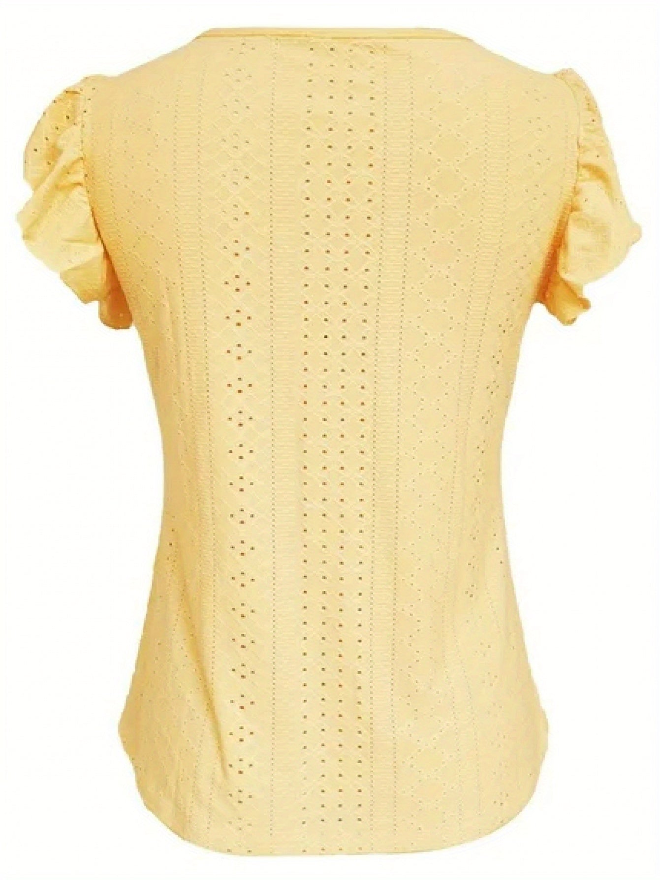 [Elegant Ruffled Top] Elegant Women's V-Neck Ruffled Short Sleeve Top | Eyelet Embroidered Jacquard T-Shirt with Decorative Buttons, Casual Spring & Summer Clothing