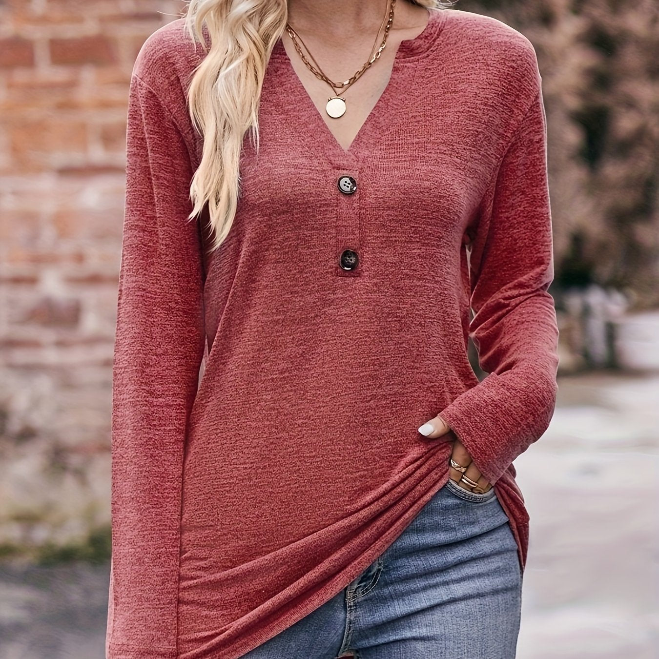 [Soft Brushed Thermal Blouse] Women's Soft Brushed Thermal Long Sleeve Blouse - Elegant V-Neck Button Front Shirt, Non-See-Through for Winter | Everyday Essential Tops for Office, Casual, Home | Comfortable Material, Versatil