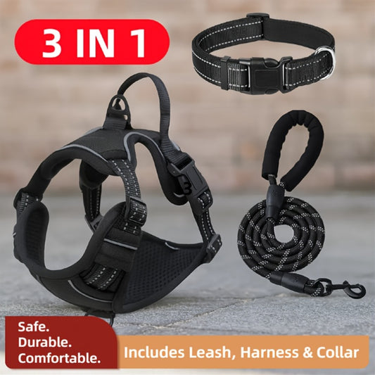 3 In 1 Harness Set, Soft Padded Dog Collar & Durable Adjustable Chest Harness With Heavy-Duty Leash, Reflective Oxford Fabric, Non-Choke, Easy Control Handle & Quick-Release Buckles, Breathable Mesh, For Dogs Of All Sizes(S,