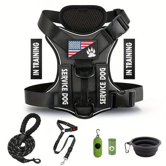 Dog Vest Harness, Adjustable With Leash Set, Includes 5 PCS Patches, Dog Seat Belt, Collapsible Bowls & Poop Bag Dispenser, For Training, Walking, Hiking