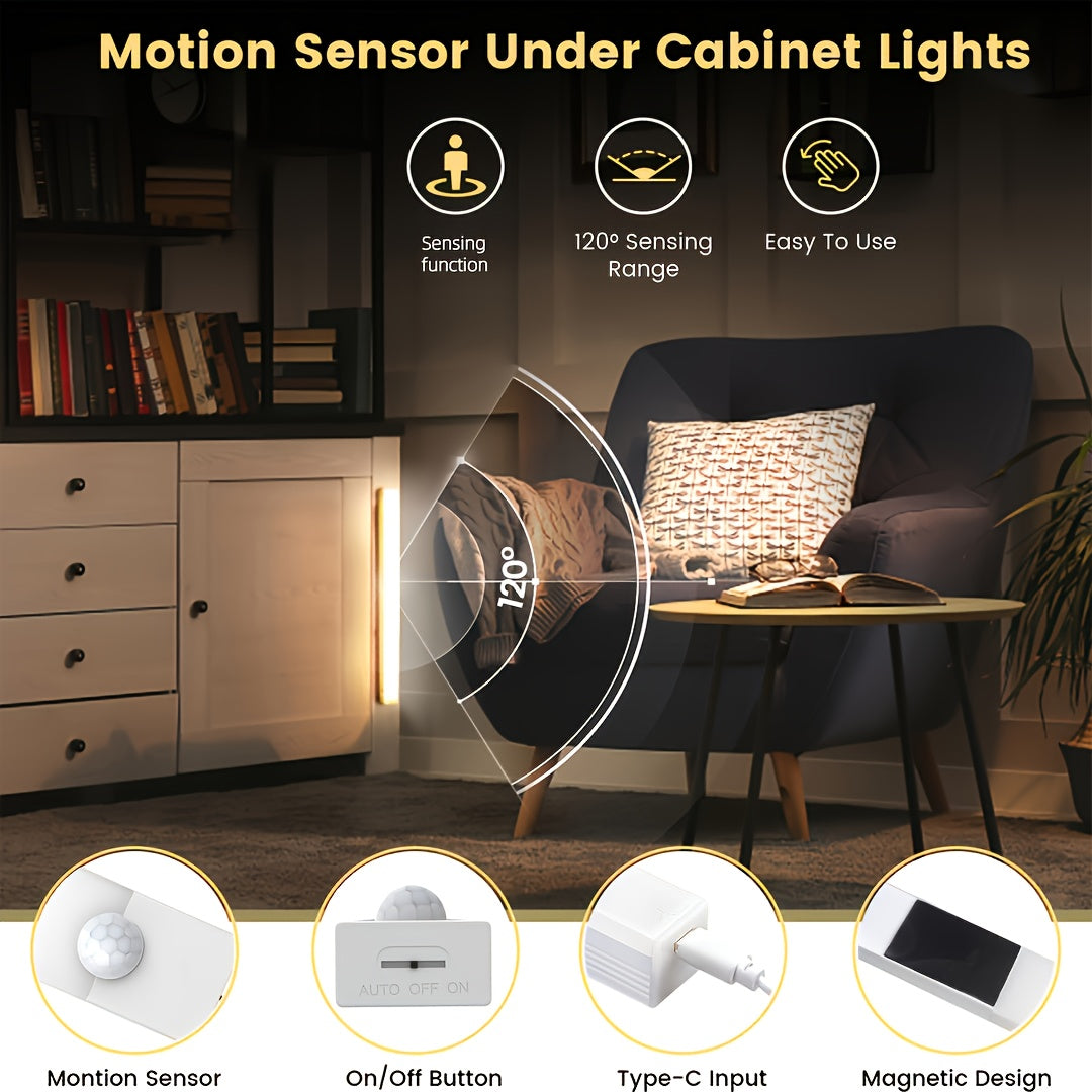 12pcs LED Motion Sensor - Dimmable Cabinet Light, USB Charging Cabinet Bottom Light, 3 Adjustable Modes, Night Light, Suitable for Bedrooms, Stairs, Kitchen Office Supplies, Bedside Reading Light