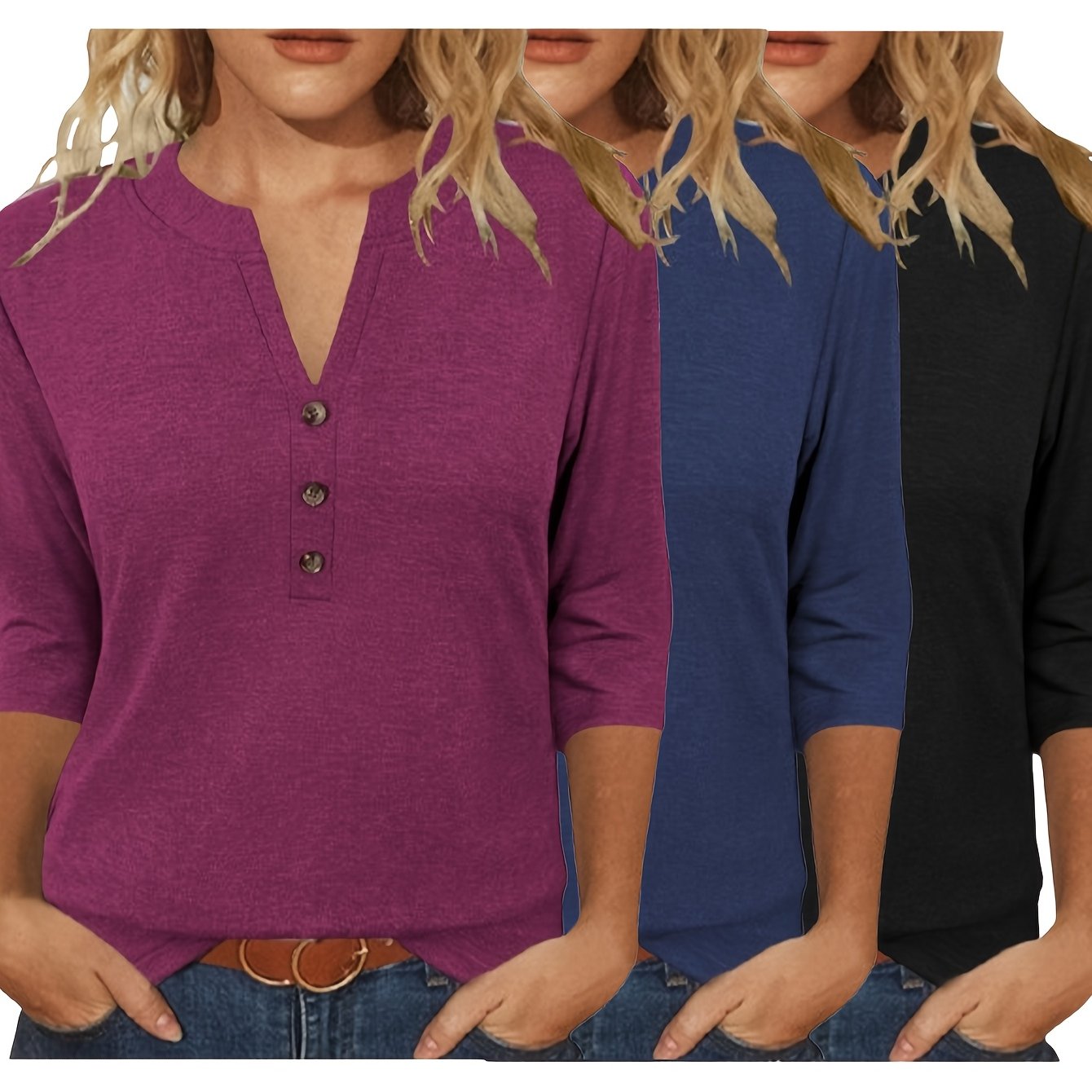 3/4 Sleeve • Casual Fashion • Women's Spring/Summer Three-Piece V-Neck Button-Blouse Quarter Sleeve T-Shirt