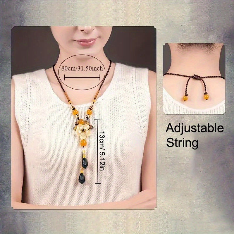 Women'S Retro Bohemian YShape Necklace Handmade Glass Flower and Agate Bead Pendant MultiStrand Long Chain Jewelry for Daily Wear Christmas and Valentine'S Gift YearRound Elegant Accessories Intricate Beadwork