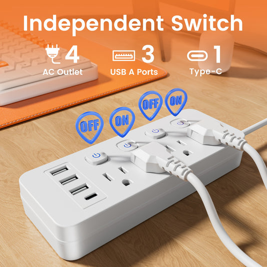 CHIEFWAY 8in1 Power Strip With 4 Outlets USB Type C