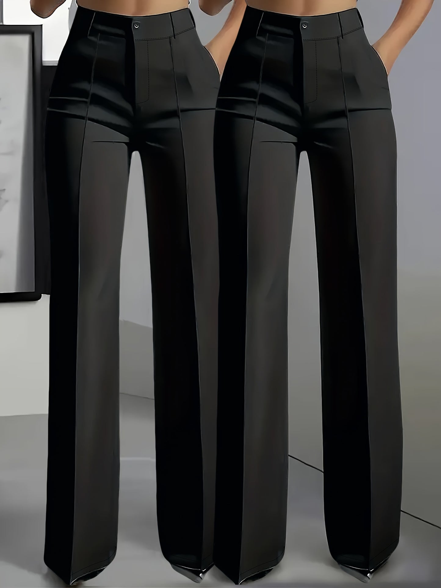 (2pcs) Elegant Casual Solid Color Women's Suit Trousers, Button Zipper Half Elastic Waist Fit Bottoms, Suitable for All Season