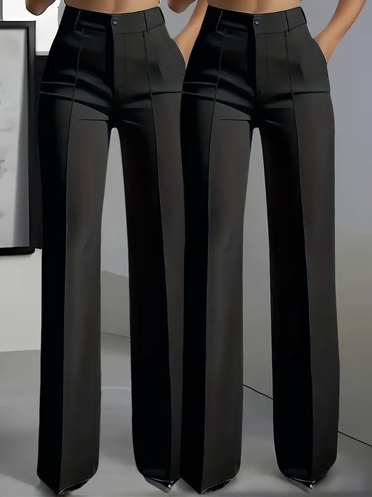 (2pcs) Elegant Casual Solid Color Women's Suit Trousers, Button Zipper Half Elastic Waist Fit Bottoms, Suitable for All Season