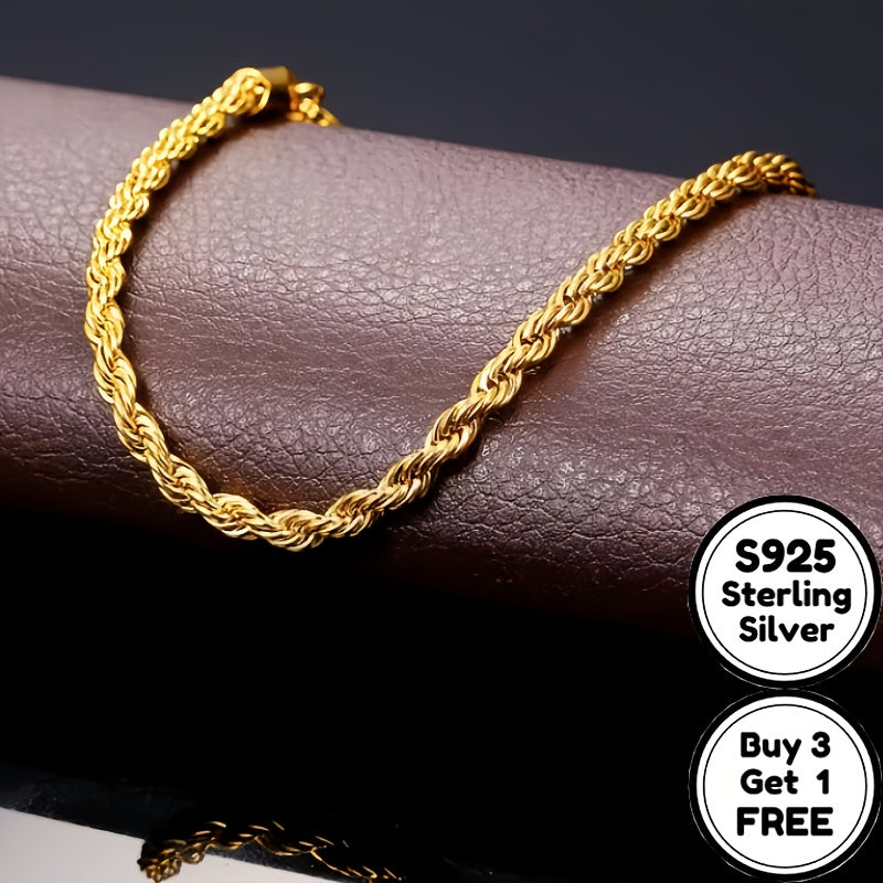 S925 Sterling Silvery 24k Gold Plated 4mm Twist Necklace, The Ideal Gift for Men, Women, Wives, Girlfriends, Mothers And Daughters On Anniversaries, Birthdays And Special Occasions (buy 3 Get 1 Free)