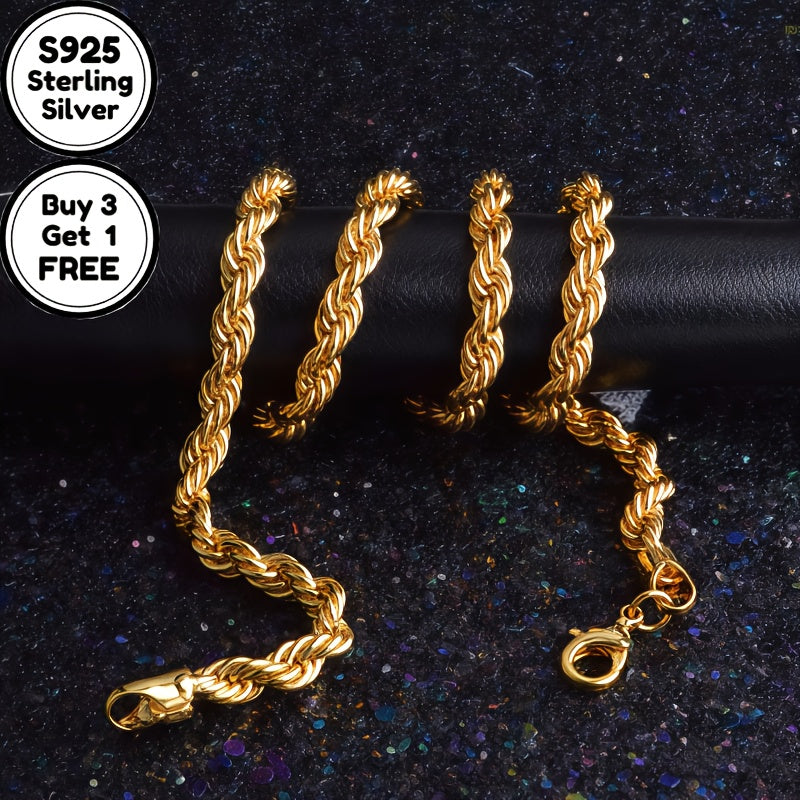 S925 Sterling Silvery 24k Gold Plated 4mm Twist Necklace, The Ideal Gift for Men, Women, Wives, Girlfriends, Mothers And Daughters On Anniversaries, Birthdays And Special Occasions (buy 3 Get 1 Free)