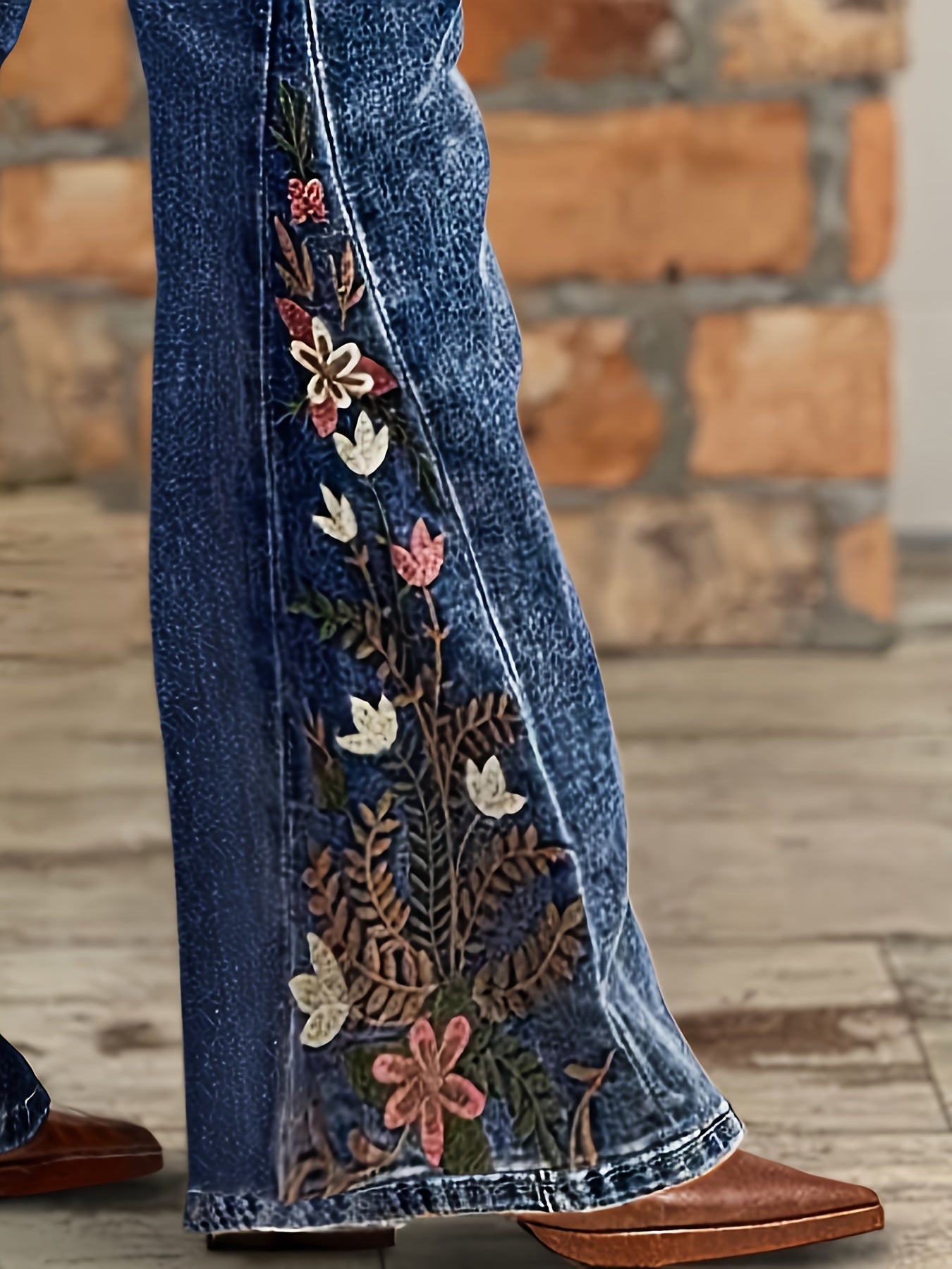 [HME] Elegant And Simple Women'S Jeans, With A Retro And Fashionable Design And Embroidery Style, High-waisted, Elastic And Form-fitting Flared Pants, A Must-have For Minimalist Outfits, Casual And Versatile Women'S Denim Tro