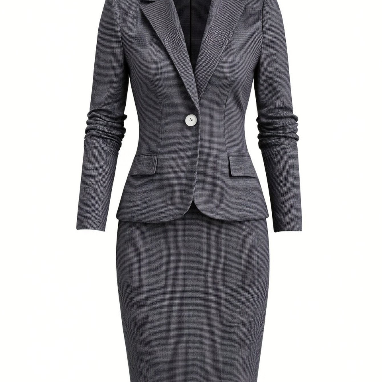 2pcs Set: Gray Houndstooth Collared Single-Breasted Short Blazer + Waist-Defining Pencil Midi Skirt Women'S Suit | Stylish, sharp retro design, perfect for the workplace and formal occasions, Professional Outfit, Business Att