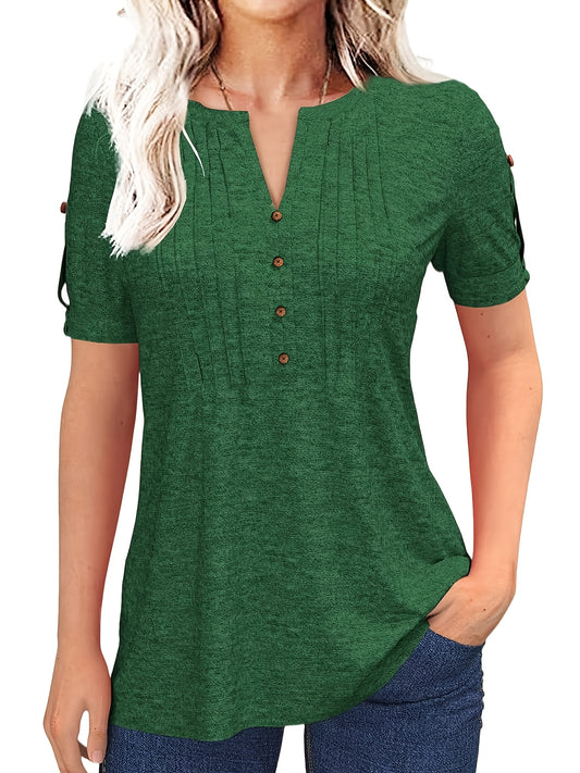 Women'S Zipper Summer Pleated Button Short Sleeve T-Shirt Summer V-Neck Solid Color Casual Top