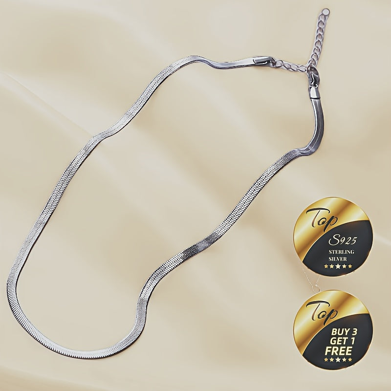 S925 Sterling Silvery Flat Snake Bone Chain Necklace, Sexy Clavicle Chain. Clean Fashionable Silvery Accessory. Ideal for Daily Wear And Parties And Holidays. Gift for Valentine's Day, Mother's Day, Anniversary,, Christmas, H