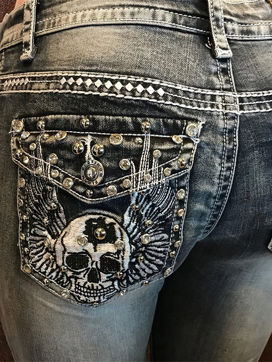 Women'S Charcoal Grey High-Waisted Straight Leg Jeans | Embroidered and Rhinestone Embellished, Slim Fit, All-Season, Zipper Fly Closure