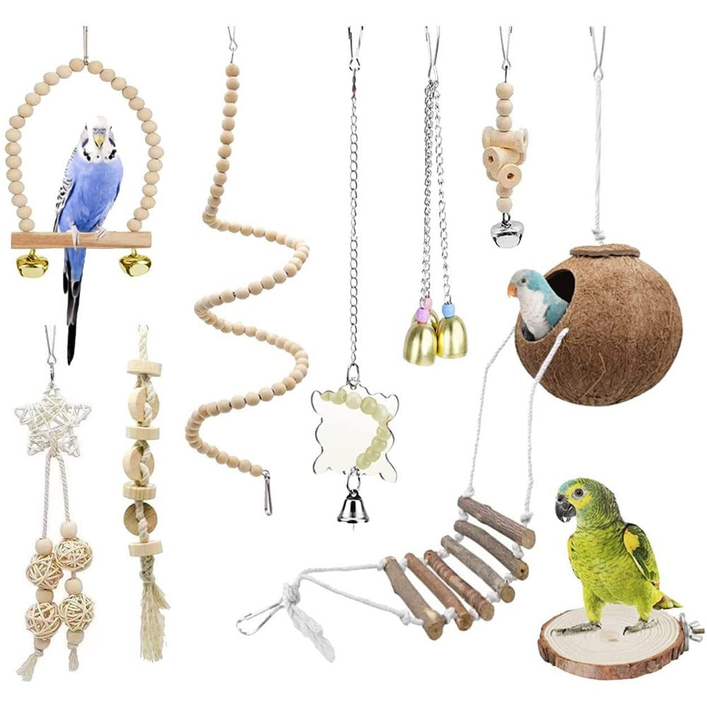8pcs Wood Bird Toys with Swing, Bell & Chewable Parts - Interactive Bird Cage Suitable for Small Parrots and Birds - Promotes Exercise, Mental Stimulation & Beak