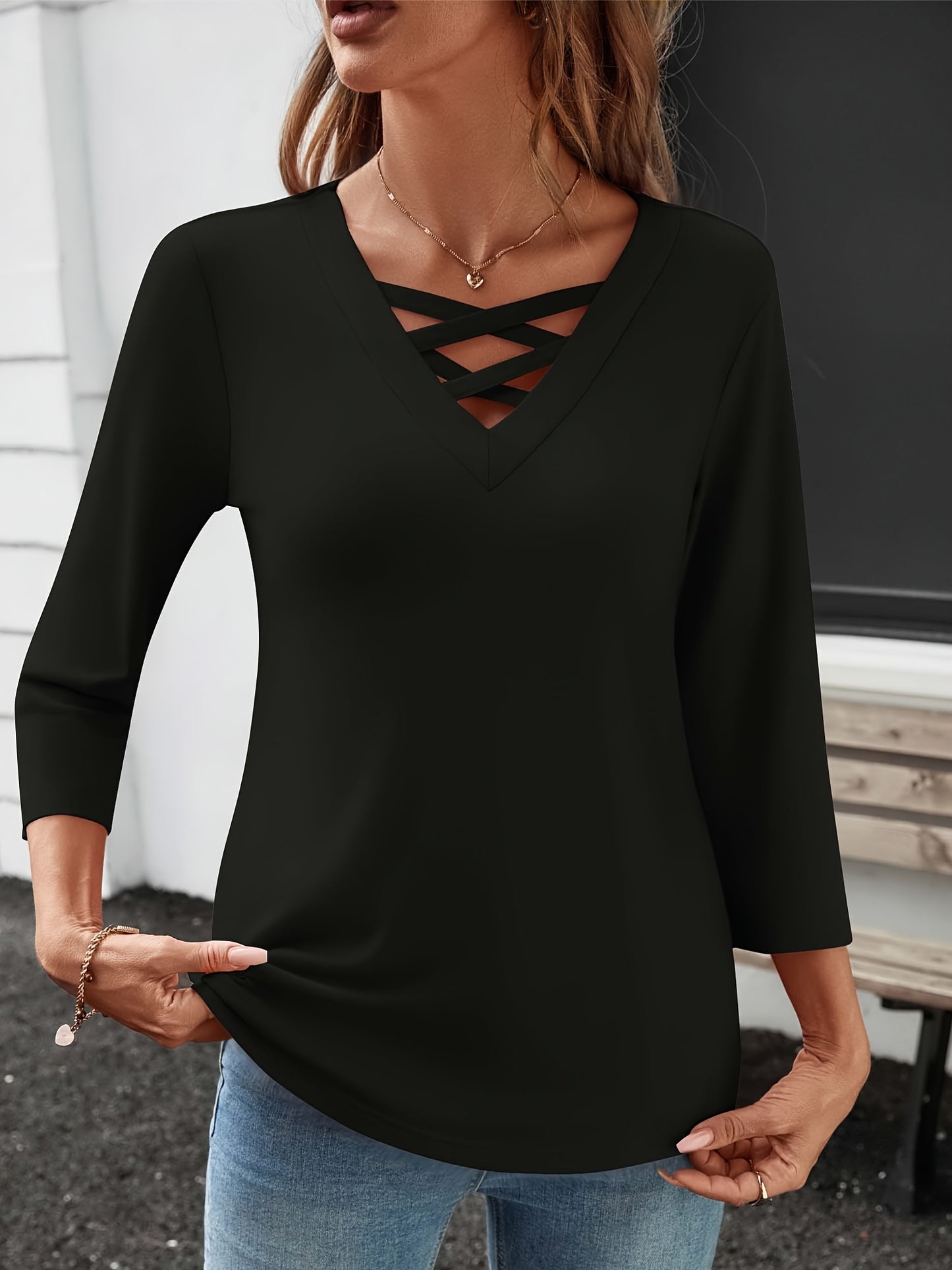 [Solid Color Crossover Shirt] Casual & Office Solid Color Women's 3/4 Sleeve V-Neck Crossover Shirt - Fall Top