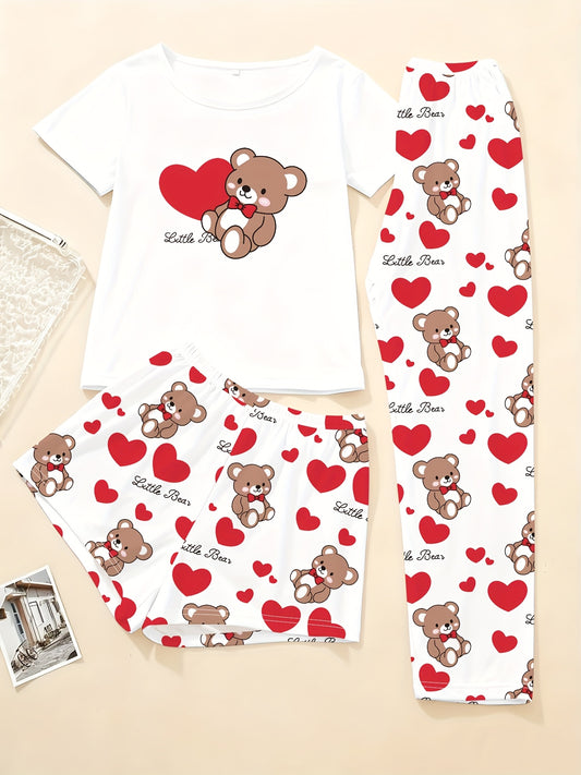 Women'S 3pcs Bear & Heart Print Set - Cute Bear Face & Love Letter Outfit with Short-Sleeve Top, Shorts & Long Pants | All-Season Soft Lounge Wear, Cozy Sleepwear for Women ( with Brown Bear Design)