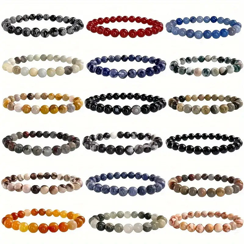 49pcs Handmade Stone Bead Bracelet- Multiple Colors Available, 8mm Elastic Beaded, Exquisite Style Valentine's Day Suitable