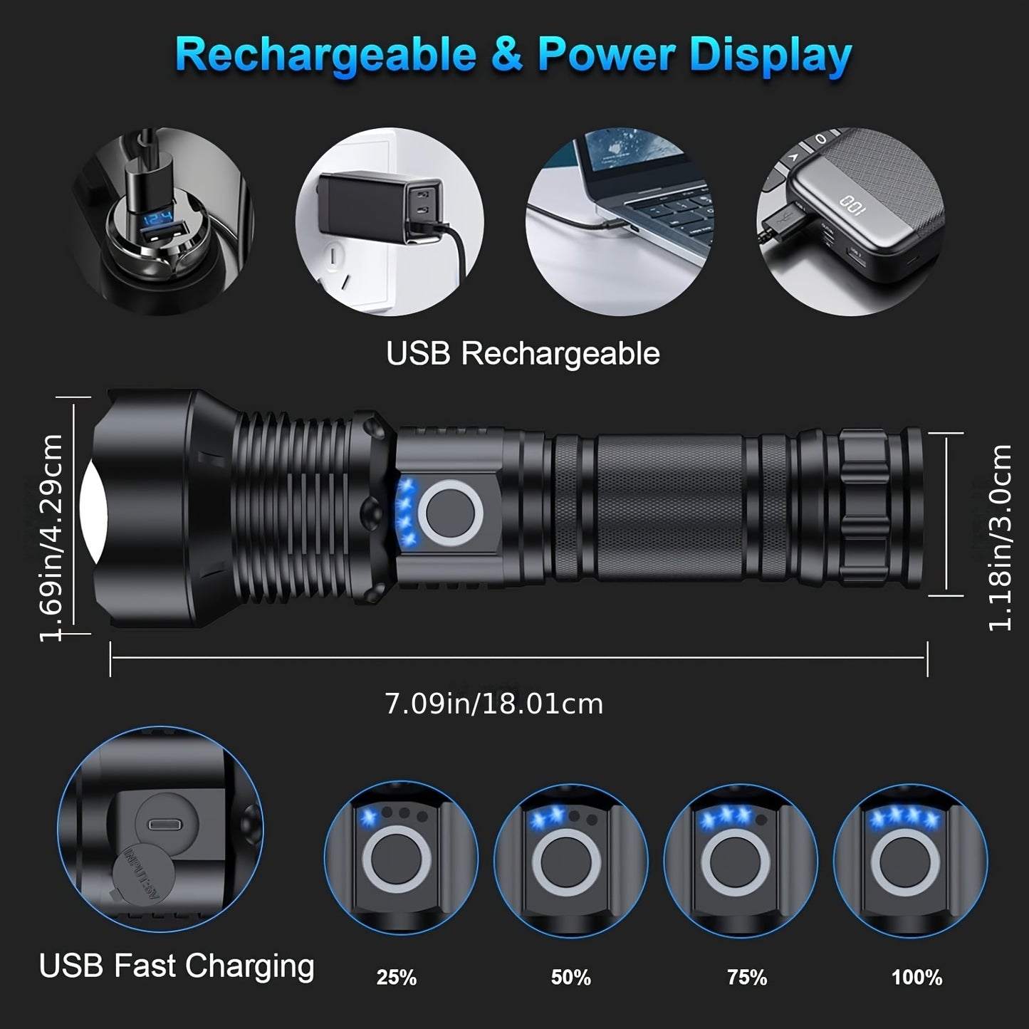 Rechargeable LED Flashlight 500 Lumen 5 Modes Multifunctional Handheld for Home Emergency Hiking