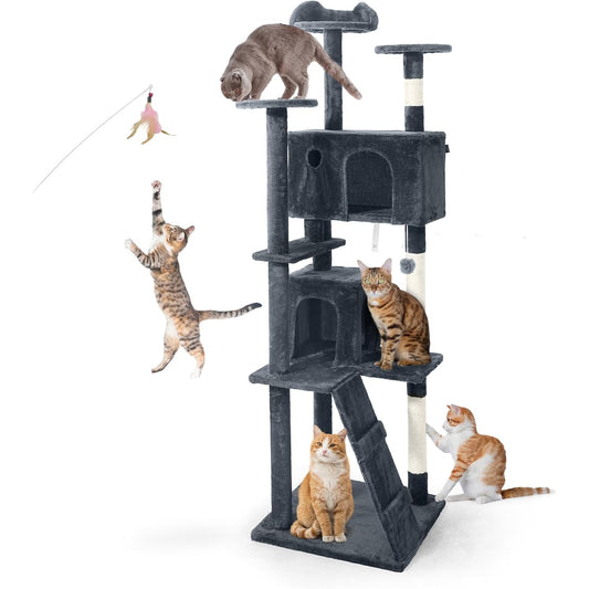 CAPHAUS Cat Tower, 74 Inch Cat Tower for Indoor w/Cat Wand Toy, Modern Cute Cat Tree w/Widened Perch for Large Cats Kittens, Multi-Level Cat Activity Tree w/Scratching Posts, Tunnel, Basket, Cat Cave Condo