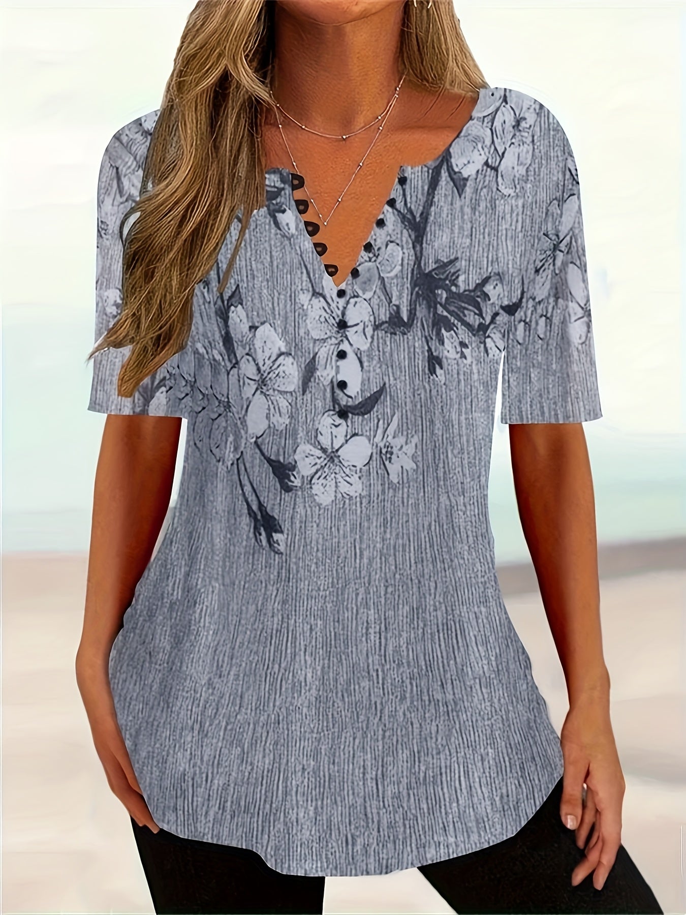 Women's Stretchy Polyester Button-Front V-Neck Blouse - Floral Print Short Sleeve Casual Shirt, Machine Washable Summer Top for Layering & All-Season Wear, Versatile Shirt, Relaxed Fit, Lightweight Fabric, Trendy Style