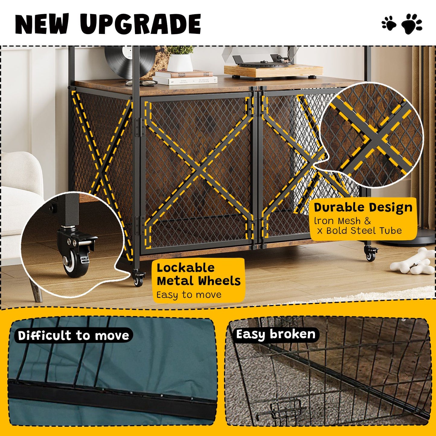 41" Heavy Duty Decorative Dog Cage | Lockable 360° Wheels, Double Door, Rustic Brown, Iron Material, Suitable for Small, Medium, Large Dogs