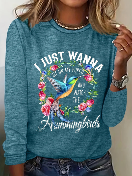 Women's "I Just Want to Sit on the Porch" Hummingbird & Floral Print T-Shirt - Loose Round Neck Casual Blouse, Machine Washable Spring/Autumn Top with Porch-Sitting Slogan & Comfortable Fabric for