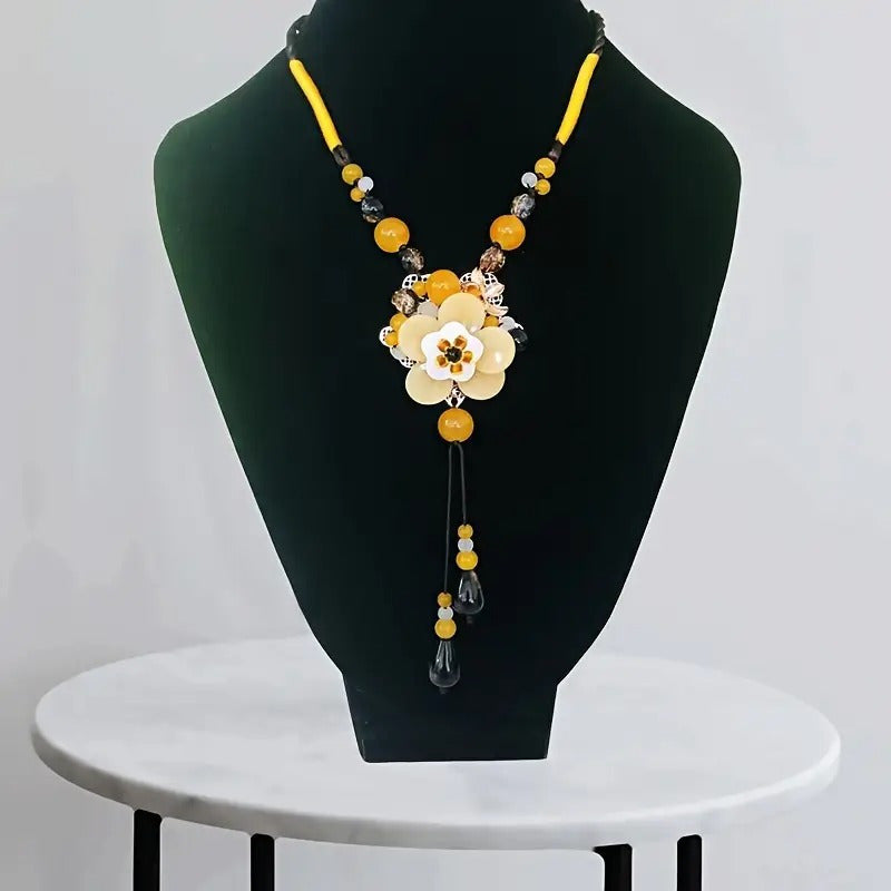 Women'S Retro Bohemian YShape Necklace Handmade Glass Flower and Agate Bead Pendant MultiStrand Long Chain Jewelry for Daily Wear Christmas and Valentine'S Gift YearRound Elegant Accessories Intricate Beadwork