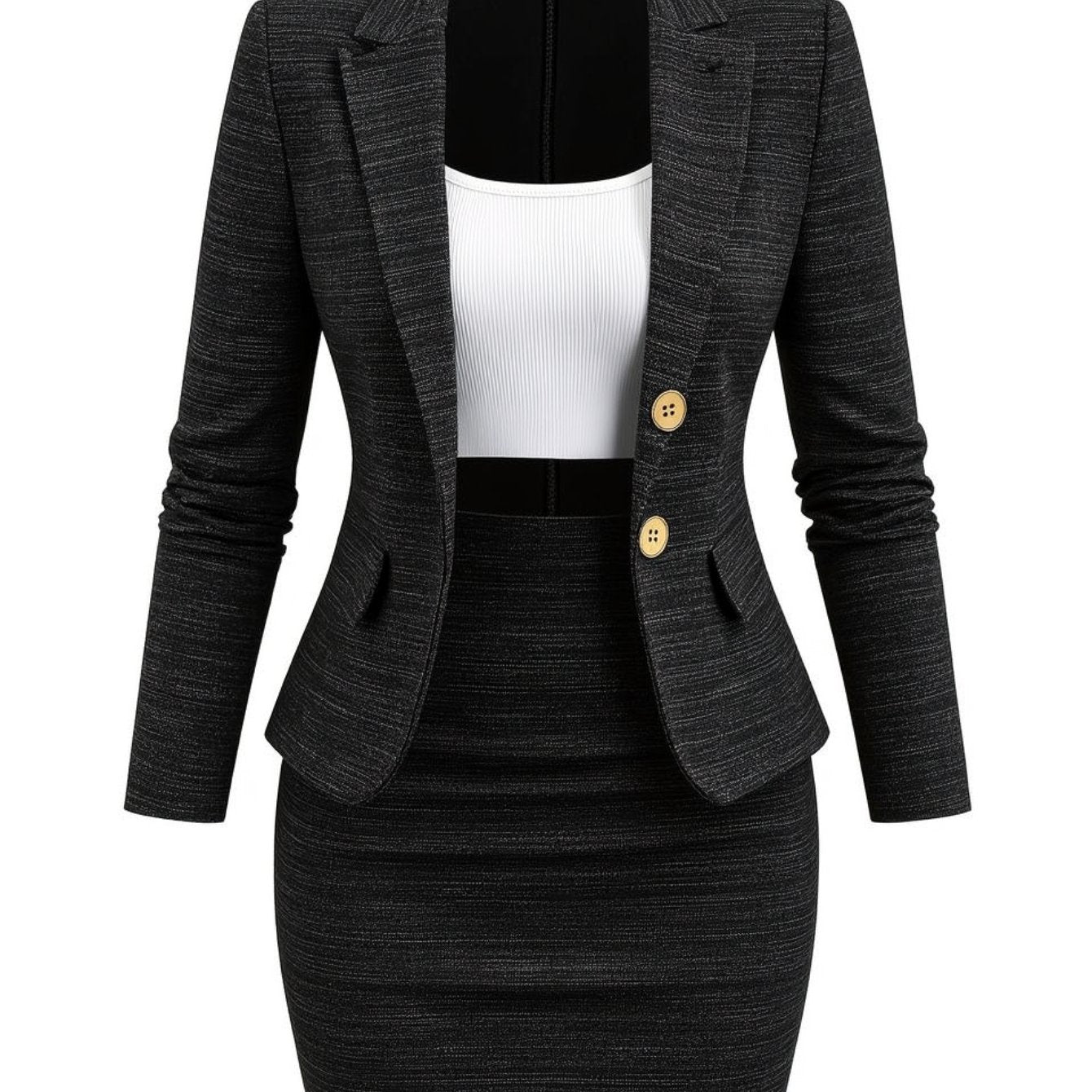 2pcs Set: Dark Gray Blazer + Pencil Skirt Suit for Women | Stylish and Professional Design, Suitable for the Workplace and Formal Occasions