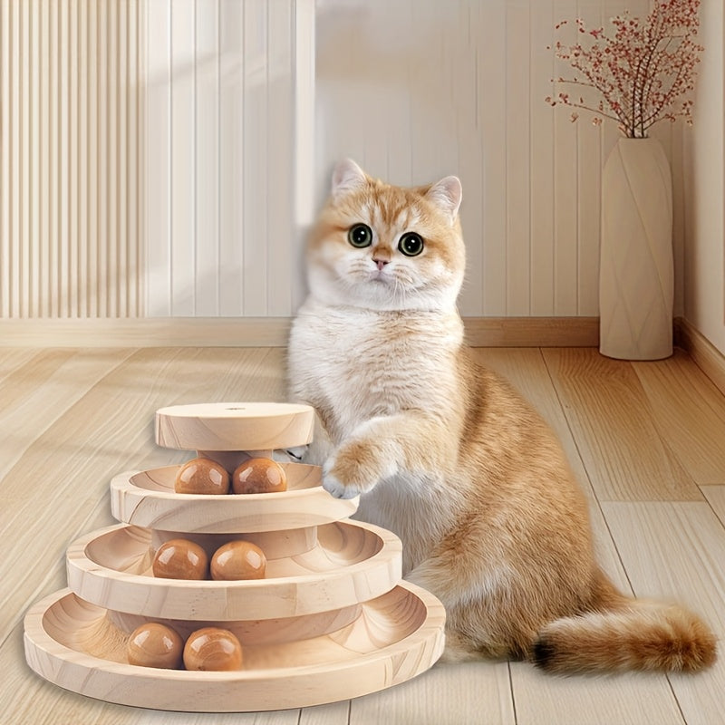 Three Layer Bamboo Wood Interactive Cat Ball Track With Nine Detachable Balls And Teasing Stick DIY Circle Toys