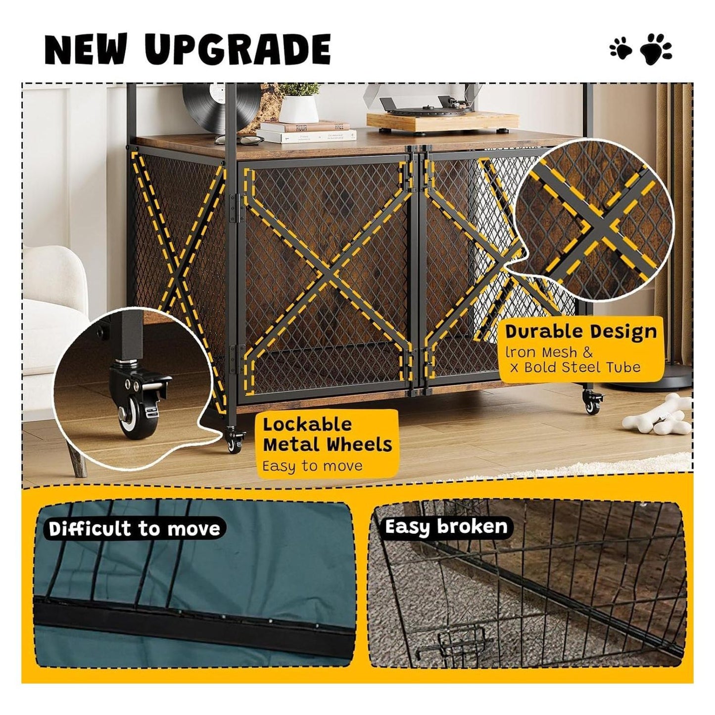 41" Heavy Duty Decorative Dog Cage | Lockable 360° Wheels, Double Door, Rustic Brown, Iron Material, Suitable for Small, Medium, Large Dogs