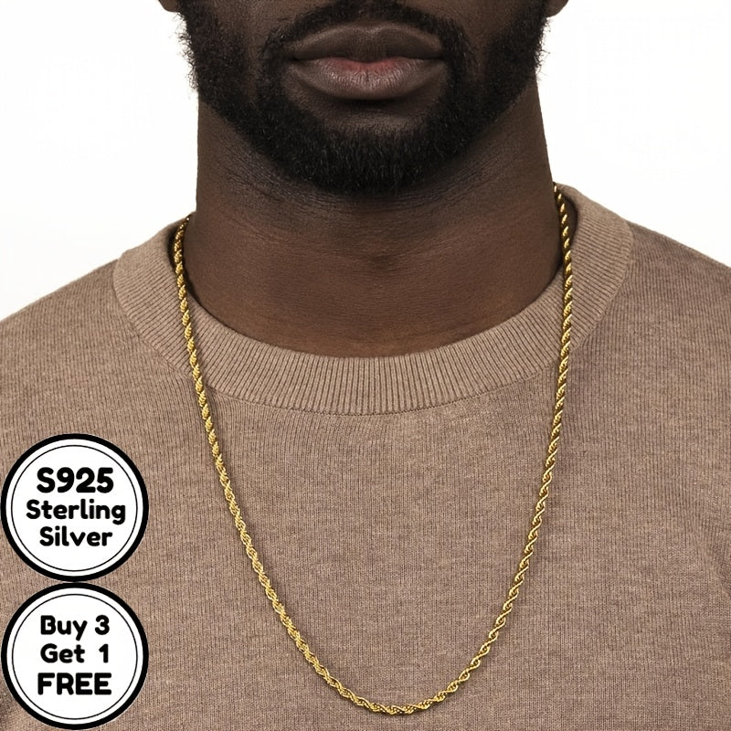 Handmade S925 Sterling Silvery 24K Gold Plated 4mm Twist Chain Necklace, Suitable for Men's And Women's Necklaces, Suitable for Men, Wives, Girlfriends, Mothers, Daughters' Anniversaries, Birthdays, Various Holidays, Special