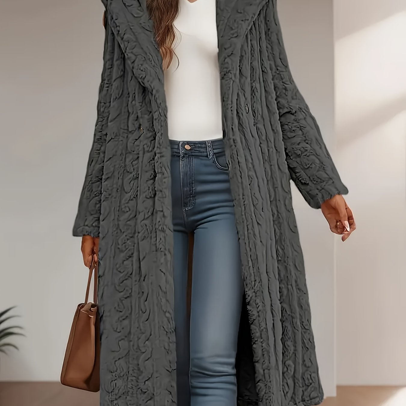 FME Hooded Cable LonglineOvercoat For Winter Warmth And SophisticationTexture Premium