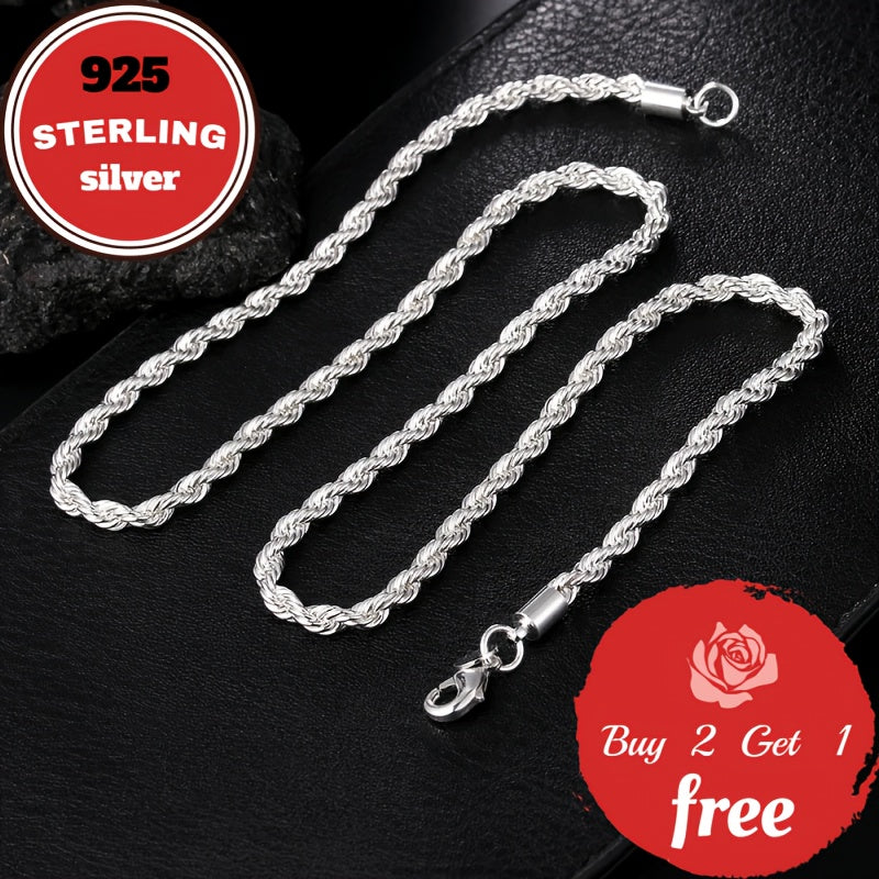 Italian Pure Handmade, 3mm 925 Sterling Silvery Twist Woven Necklace, Suitable For Holidays, Parties, Music Festivals, Give Him/her Birthday, Valentine'S Day The Best Gift, Gift Box Packaging, Buy 2 Get 1 Free