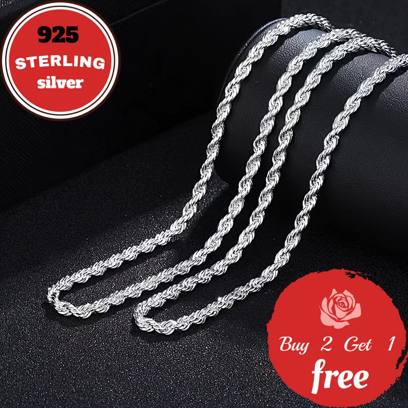Italian Pure Handmade, 3mm 925 Sterling Silvery Twist Woven Necklace, Suitable For Holidays, Parties, Music Festivals, Give Him/her Birthday, Valentine'S Day The Best Gift, Gift Box Packaging, Buy 2 Get 1 Free