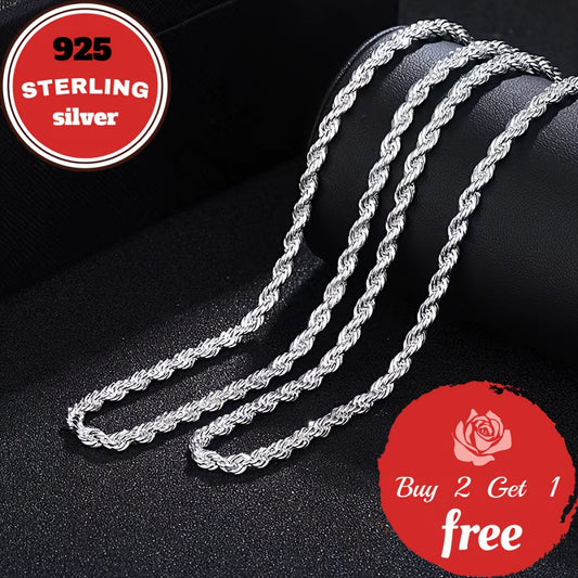 Italian Pure Handmade, 3mm 925 Sterling Silvery Twist Woven Necklace, Suitable For Holidays, Parties, Music Festivals, Give Him/her Birthday, Valentine'S Day The Best Gift, Gift Box Packaging, Buy 2 Get 1 Free
