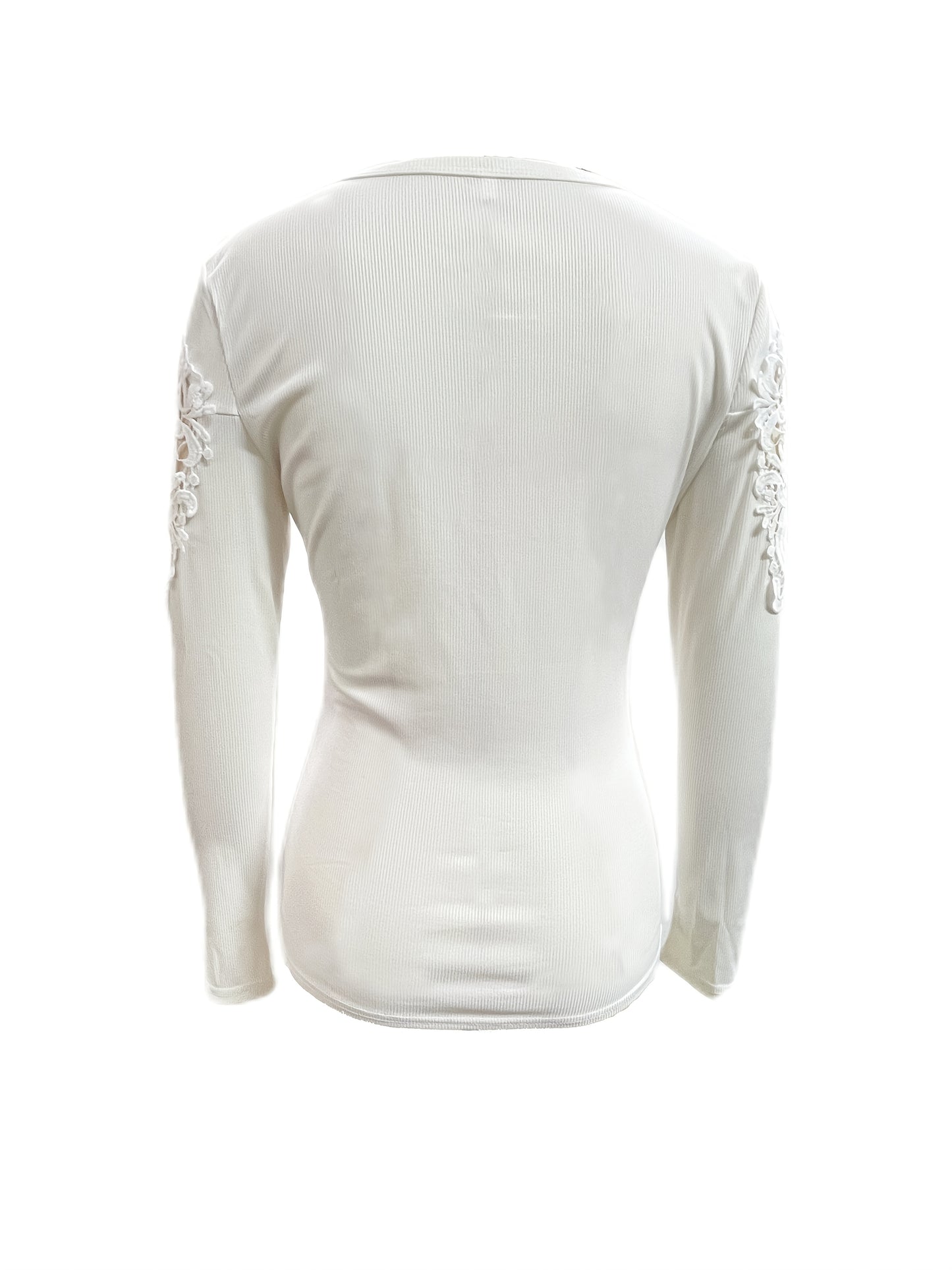 Women's Slim Fit Lace Sleeve Contrast Detail Button-Front T-Shirt - Solid Color Casual Chic Top, Machine Washable All-Season Versatile Wardrobe Staple, Versatile Fashion | Lace Detailed Tee | Quality Stitching, Lace Trim