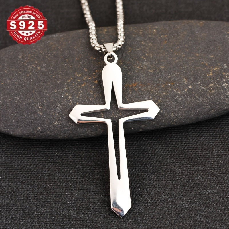 925 Silver Women's Cross Pendant Necklace - Modern Christian Religious Jewelry, Anti Allergic and Water-resistant, Elegant Gift Box Packaging, Suitable for Casual Wear and Hip-hop Style, Polished Jewelry