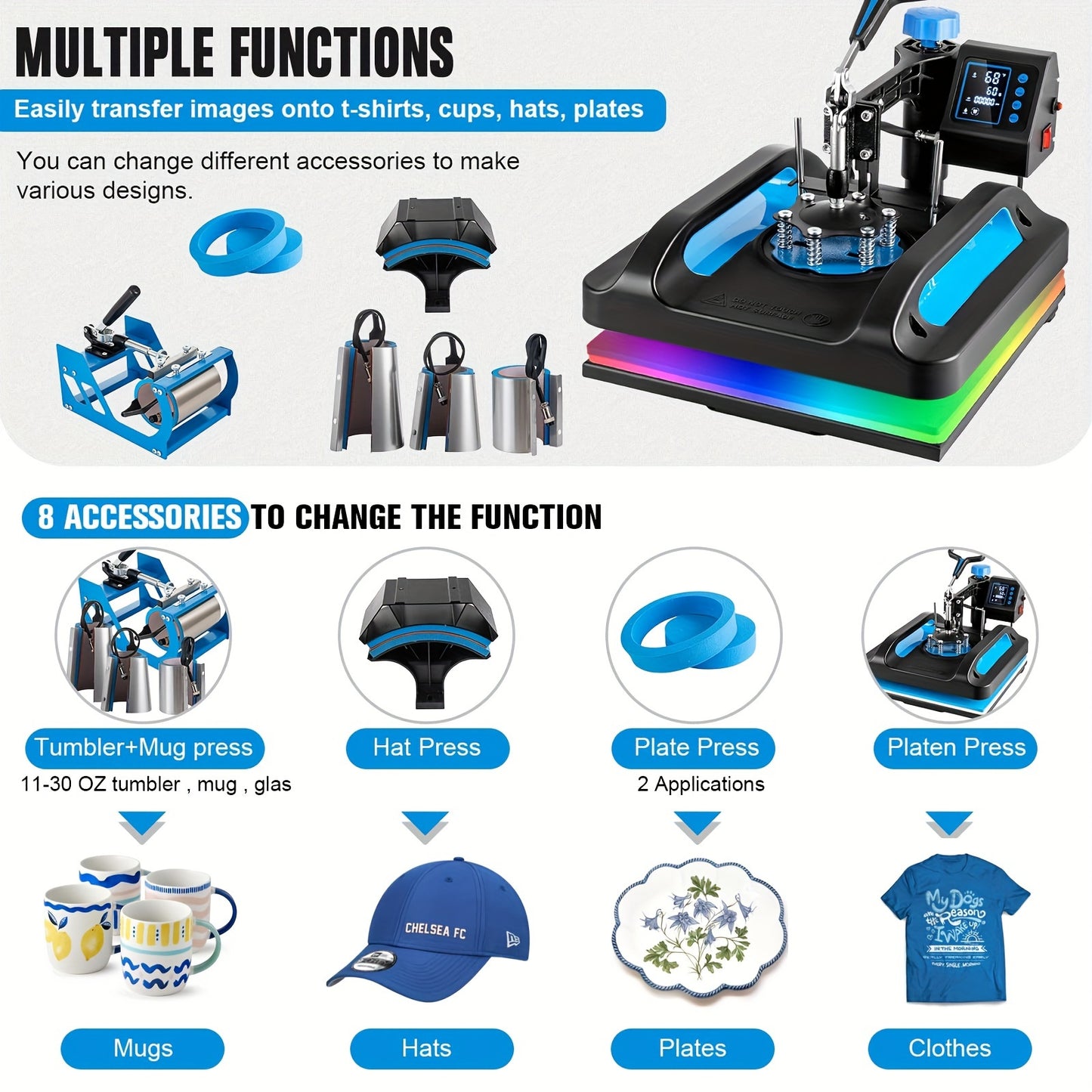 8 in 1 Heat Press Machine, 5 in 1 Heat Press, Sublimation T-Shirt Pressing Machines in Sizes 15X15 Inch, 12X15 Inch, And 12X10 Inch, Featuring a 360-Degree Swing Away Heat Transfer Machine, a Multifunctional Combo for T-Shirt