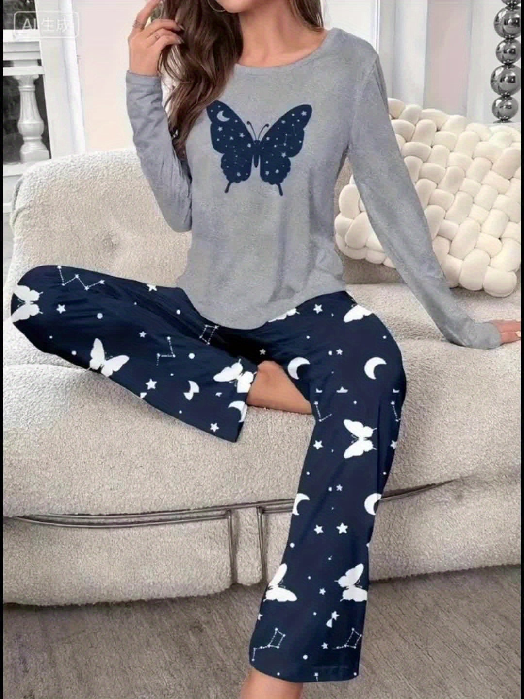 3 SETS Women's Heart-shaped And Butterfly Pattern Pajamas, Comfortable And Breathable, with Elasticity, Suitable for Going Out, Fashionable Pajamas Set