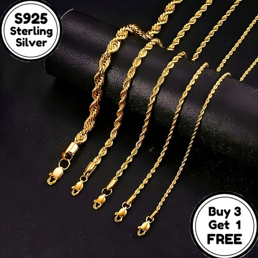 Handmade S925 Sterling Silvery 24K Gold Plated 4mm Twist Chain Necklace, Suitable for Men's And Women's Necklaces, Suitable for Men, Wives, Girlfriends, Mothers, Daughters' Anniversaries, Birthdays, Various Holidays, Special