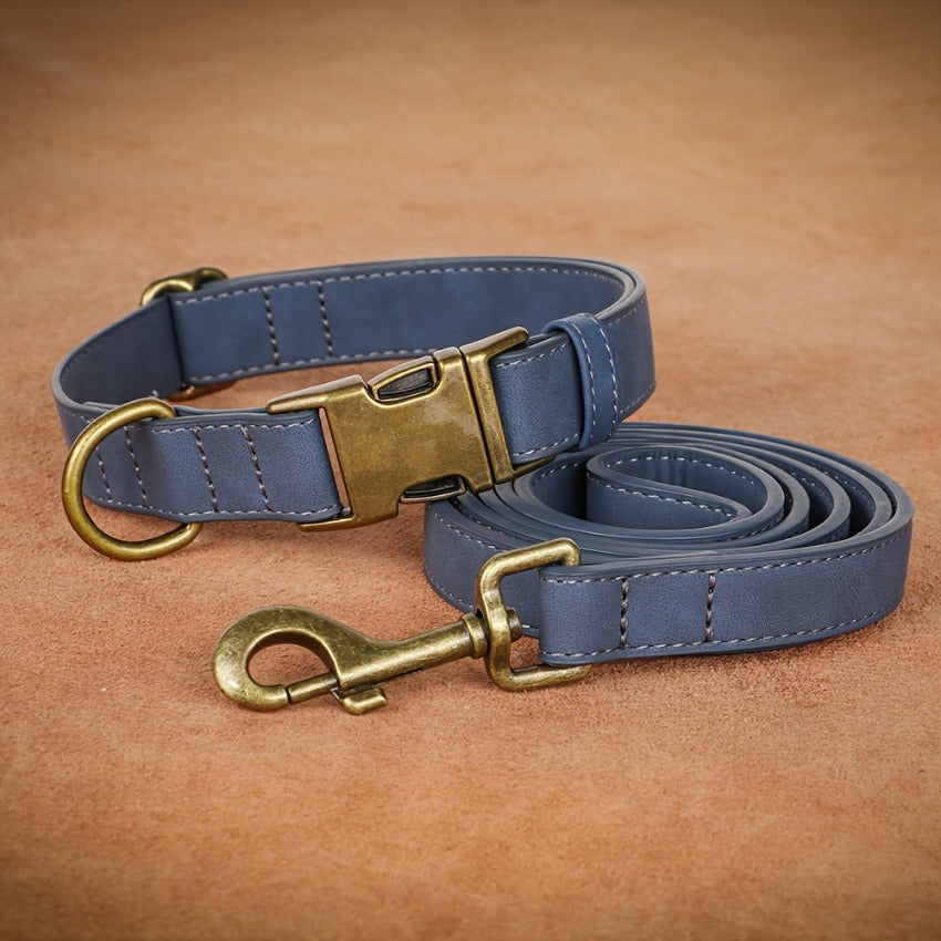 1pc Faux Leather Dog Collar and Leash Set - Adjustable Reflective Padded Pet Collar with Golden-Tone Hardware, Comfortable Soft Cushioned Design for Small/Medium/Large Dogs, Nighttime Safety, Training & Walking, Durable Synth